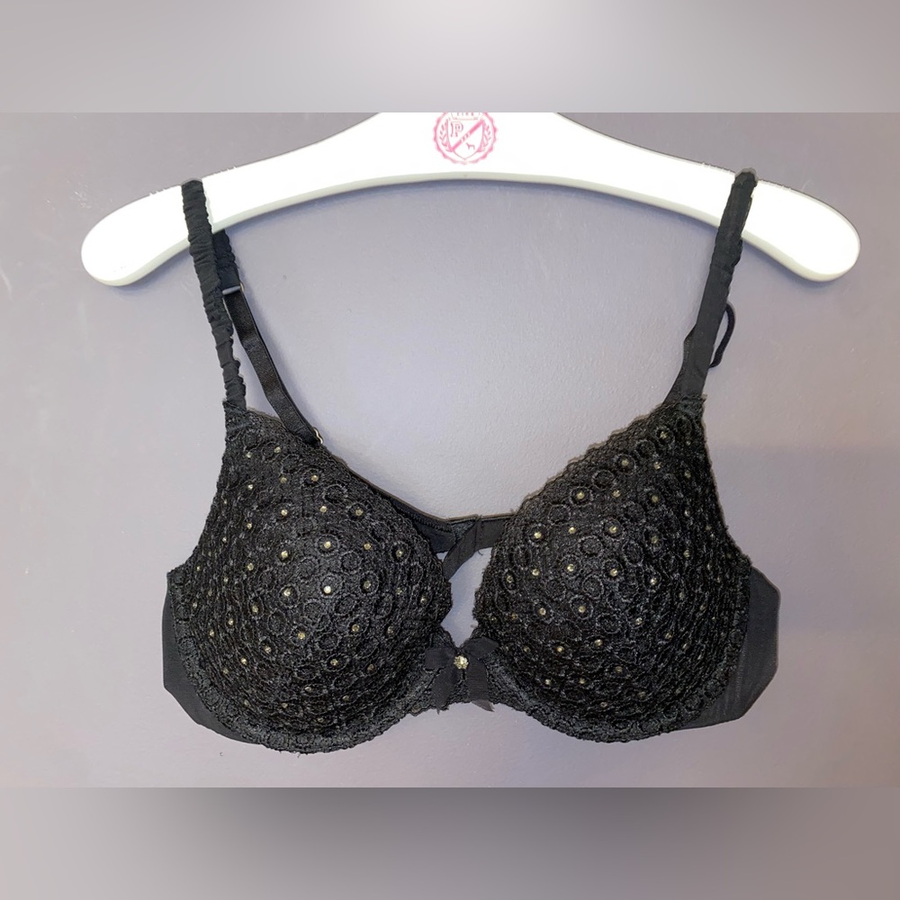 VICTORIA’S SECRET VS VINTAGE BIOFIT DEMI UPLIFT BRA BLACK LACE RHINESTONES 36B